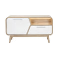 Moderne houtlook dressoir met glanzende deuren
