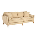 Moderne beige bank met kussens en houten poten